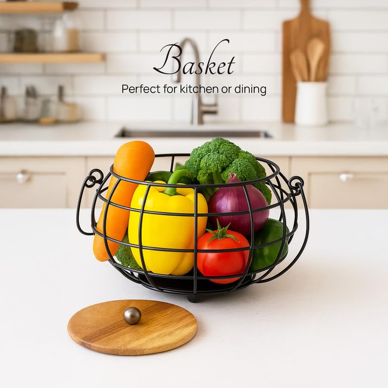 Nestroots Fruit and Vegetable Basket Rack with Round Net Baskets - Metal Fruit Stand with Black Metal Handle (Black) - Image 4