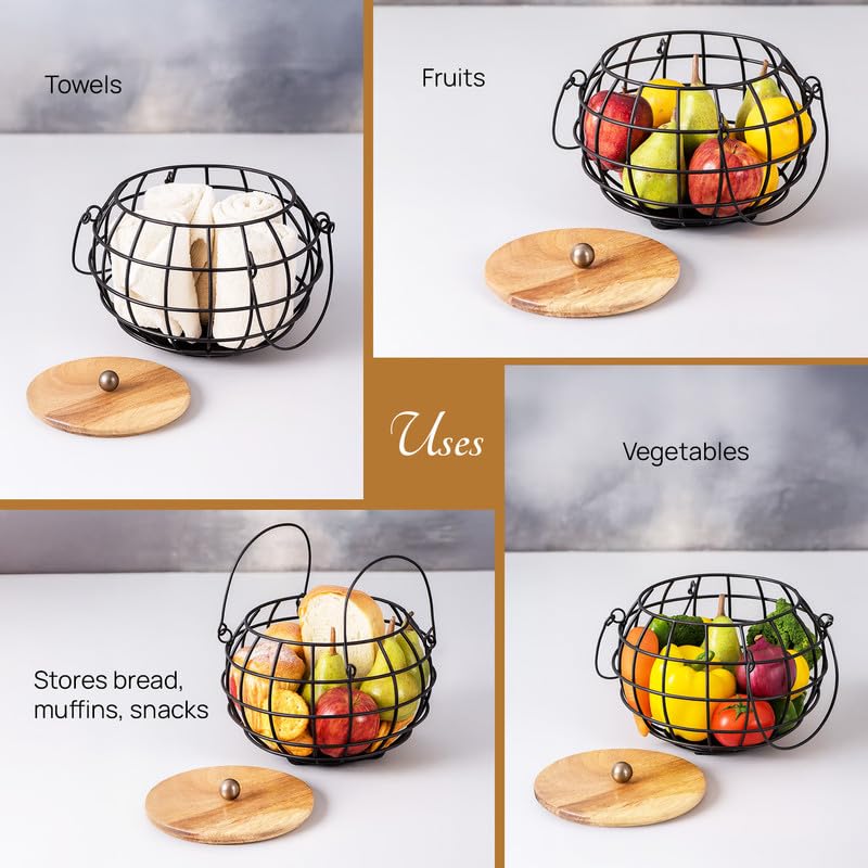 Nestroots Fruit and Vegetable Basket Rack with Round Net Baskets - Metal Fruit Stand with Black Metal Handle (Black) - Image 3