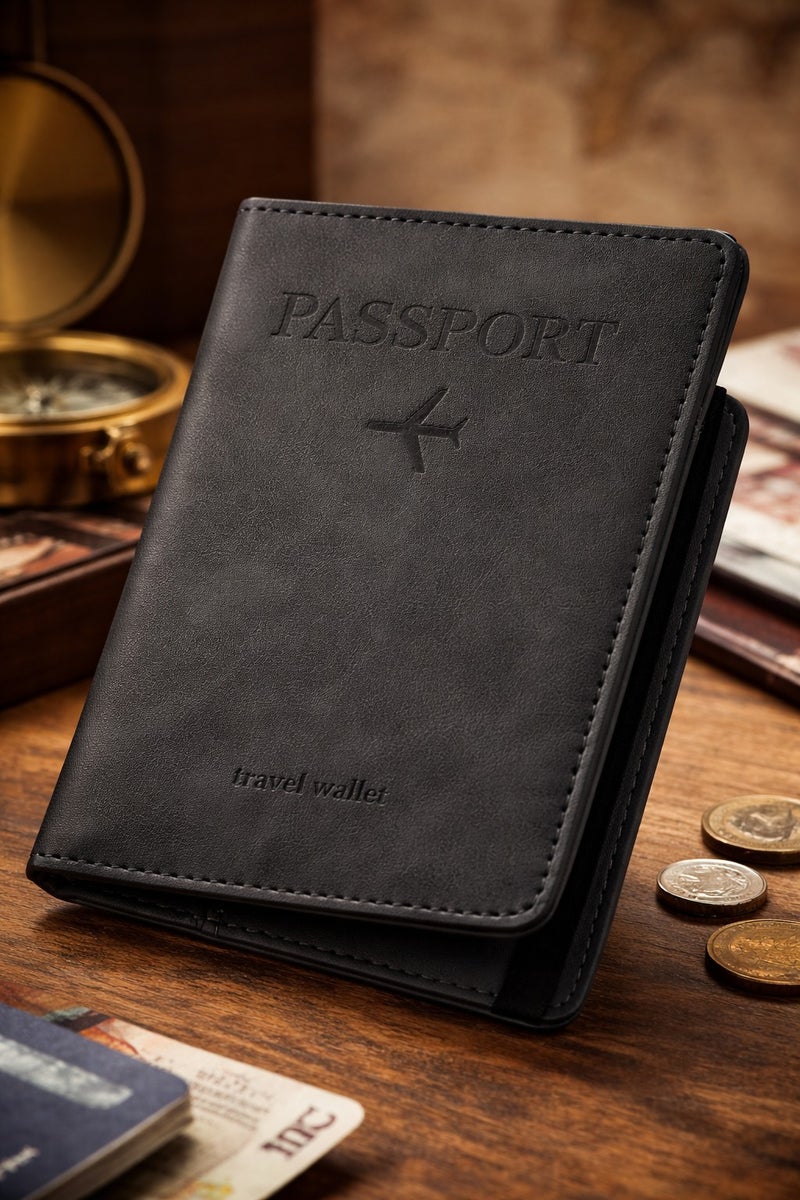 vsell24 Black Passport Holder Wallet Cover Case with RFID Blocking, PU Leather Travel Document Holder for Men & Women - Image 1