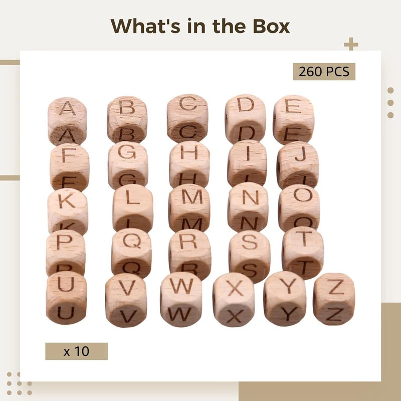 260 Wooden Alphabet Beads, 12Mm Beech Wood Letter Cubes, Square Letter Blocks With Holes For Diy Crafts - Image 2