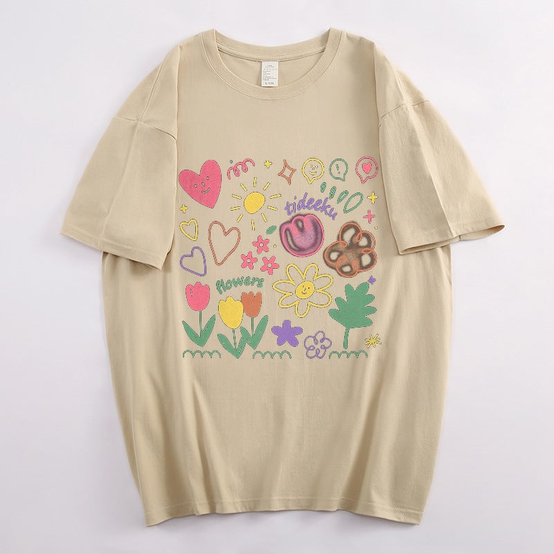 Pure Cotton Collar Klein Blue Cartoon Graffiti Print Short-Sleeved T-Shirt Women'S Summer Loose Casual Half-Sleeved Top T-Shirt - Image 1