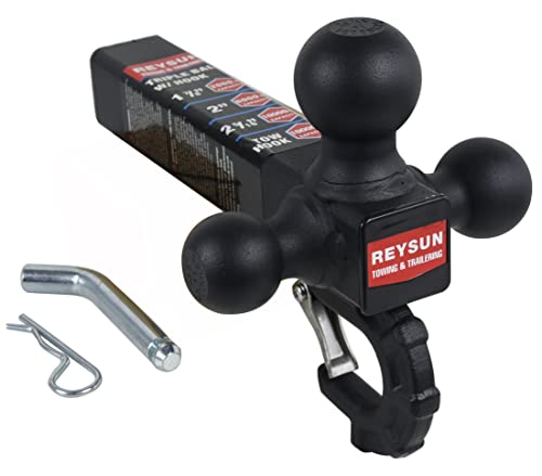 REYSUN Patented Forged Trailer Hitch Tri-Ball Hitch with Hook: 3 Sizes in 1 Tow Ball Hitch, Fits 2-inch Hitch Receiver, Secure Locking Mechanism, Matt Black - Image 1