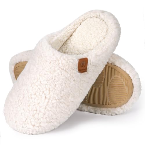 EverFoams Women's Fuzzy Slip-on Slippers Soft Comfy Memory Foam Indoor House Shoes Beige,9-10 US - Image 1