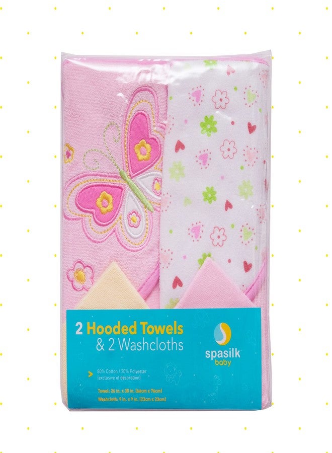 Spasilk Bath Hooded Towels & Washcloths Set for Babies, 2 Hooded Terry Bath Towels & 2 Washcloths, Pink Butterfly - Image 4