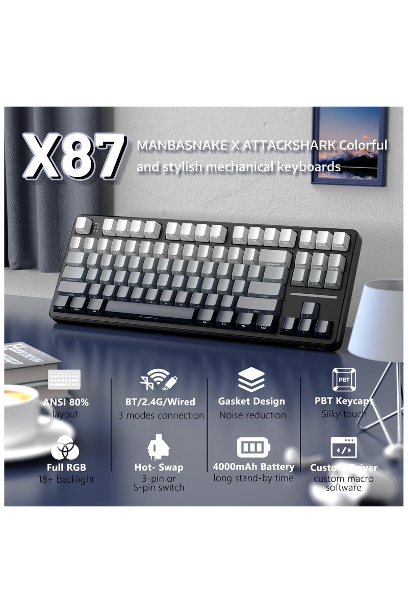 Attack Shark X87 87‑Key Hot‑Swappable Mechanical Gaming Keyboard, Bluetooth 5.0/2.4GHz/Wired, RGB Backlit, 4000 mAh Battery (White Contour) - Image 2