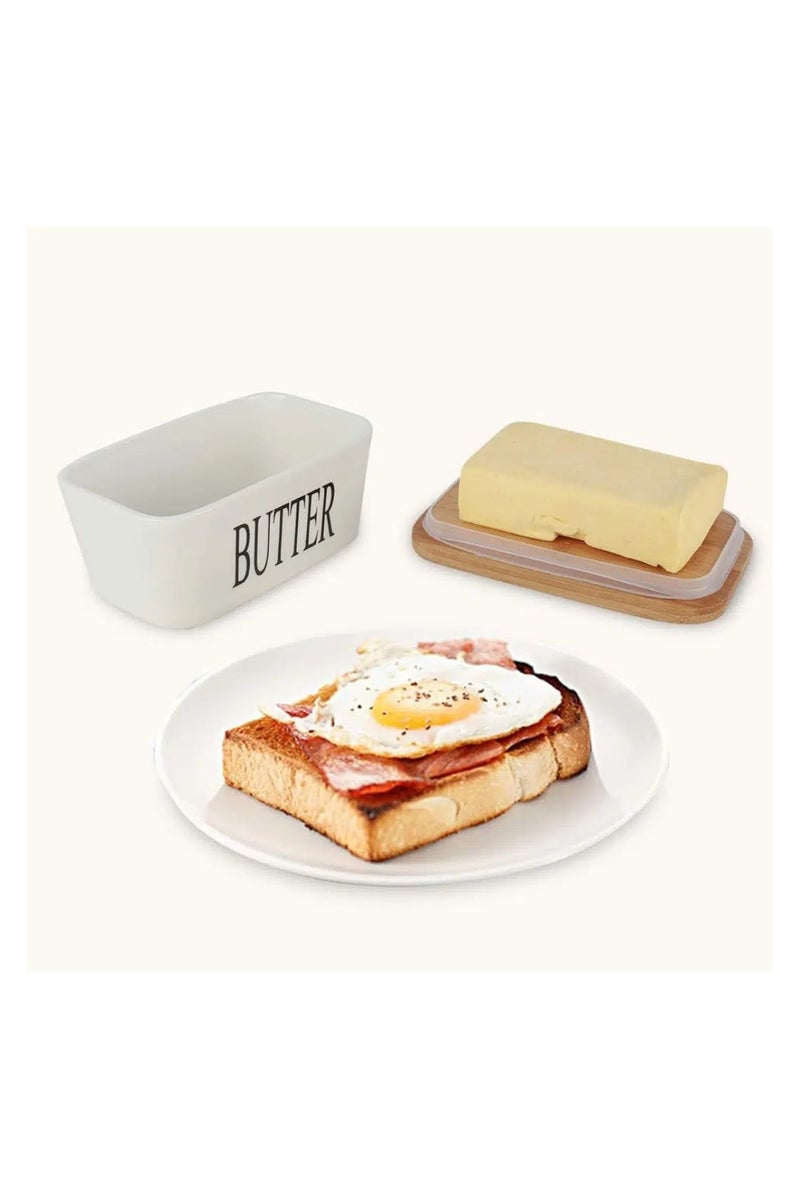 طبق زبدة من البورسلين بغطاء من الخيزران – أبيض (500 مل) - Image 3