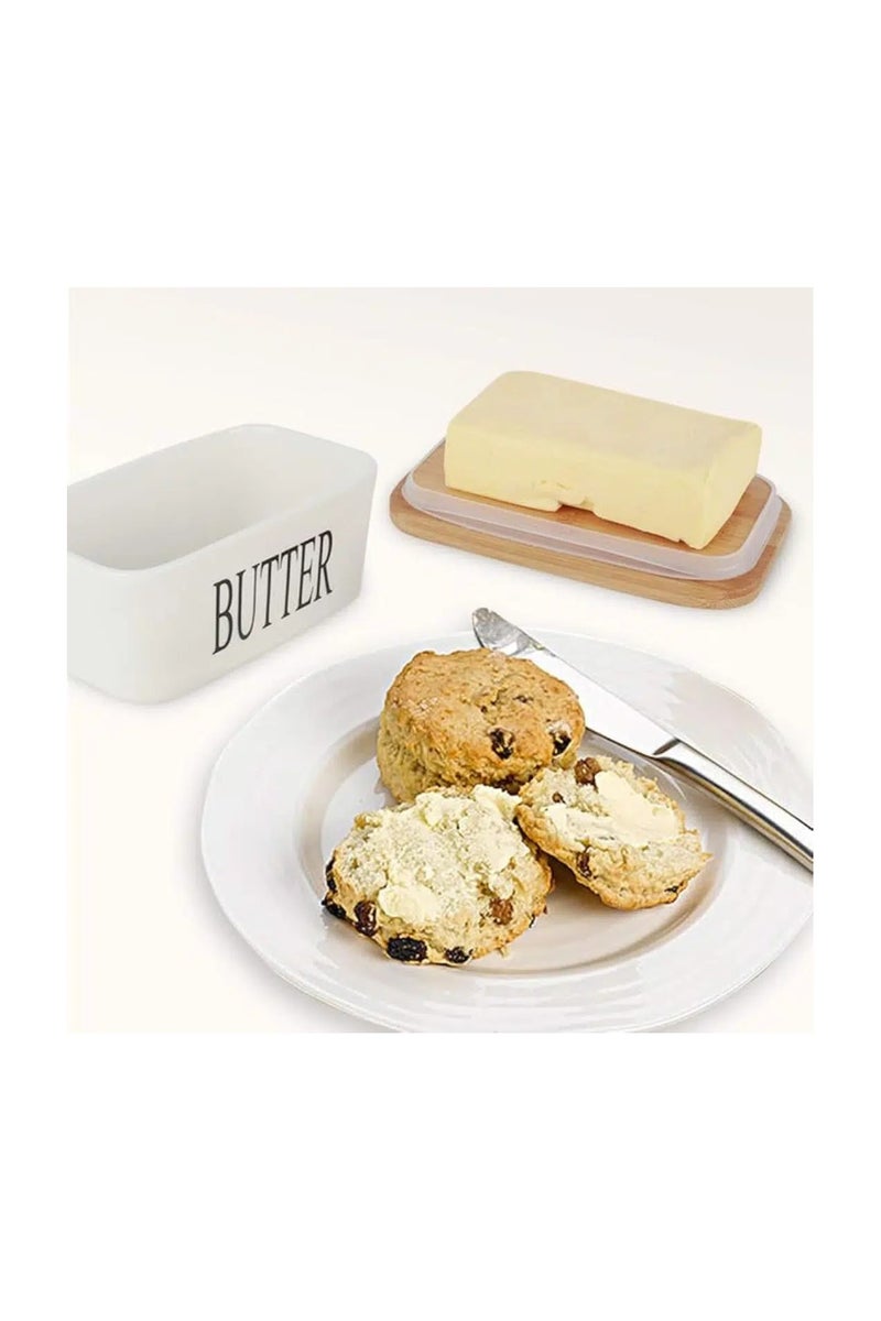 طبق زبدة من البورسلين بغطاء من الخيزران – أبيض (500 مل) - Image 4