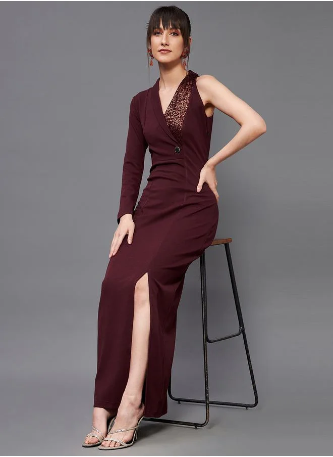 Miss Chase Sequin Detail One Sleeves Side Slit Maxi Dress