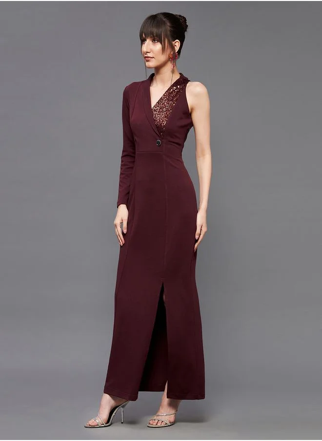 Miss Chase Sequin Detail One Sleeves Side Slit Maxi Dress