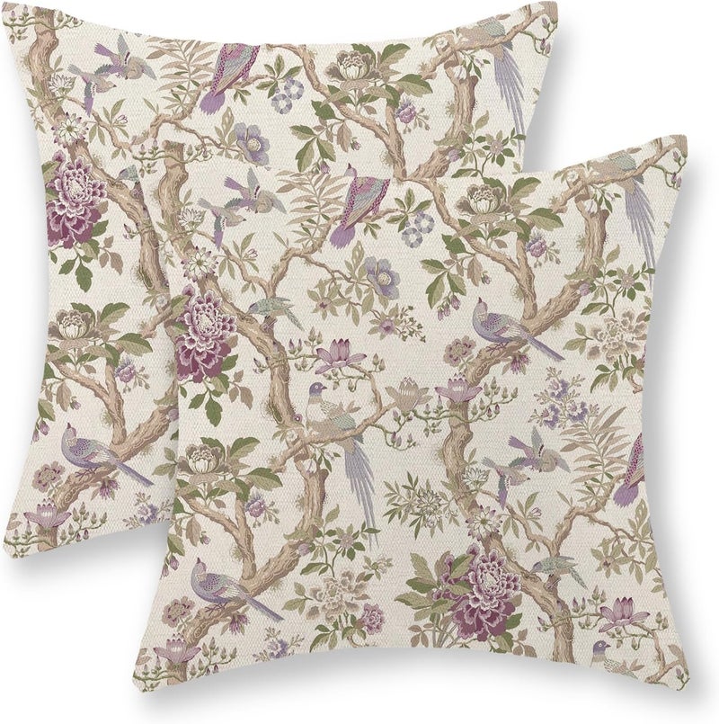 GOLIANDA Chinoiserie Pillow Covers 22x22 Set of 2 Purple Green Floral Bird Throw Pillows Vintage Flowers Bird Decorative Pillow Cases Outdoor Chinoiserie Decor Farmhouse Cushion Case for Couch Sofa - Image 1