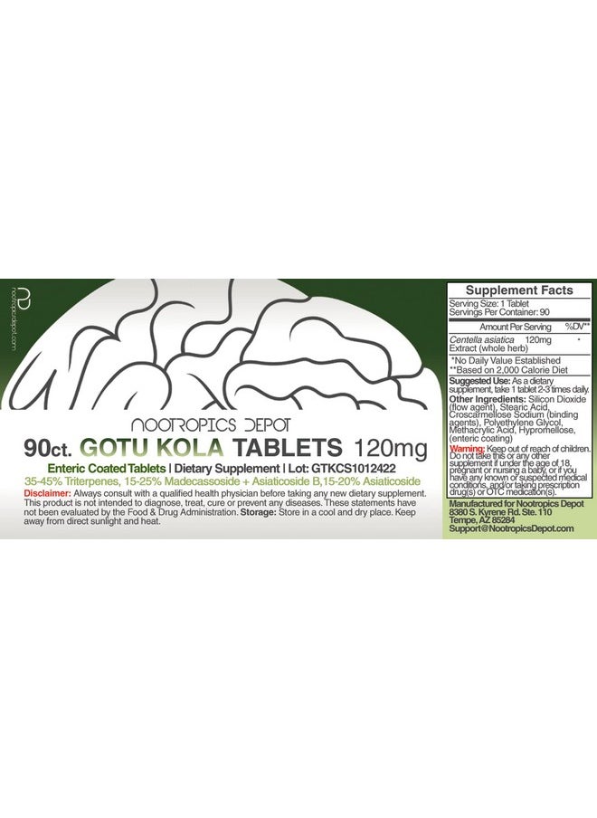 Nootropics Depot - Gotu Kola Extract Tablets ; 120Mg ; 90 Count ; Enteric Coated ; Centella Asiatica ; 3545% Triterpenes ; Supports Healthy Stress Levels ; Promotes Memory Enhancement - Image 1