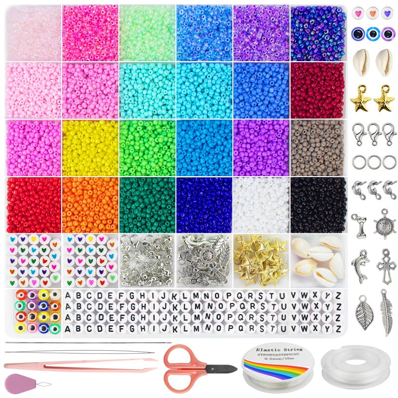 Redtwo 8000pcs 3mm Glass Seed Beads for Bracelet Making Kit Small Beads Friendship Jewelry Making Kit Tiny Waist Beads with Letter Beads and Elastic String DIY Art Craft Girls Gifts