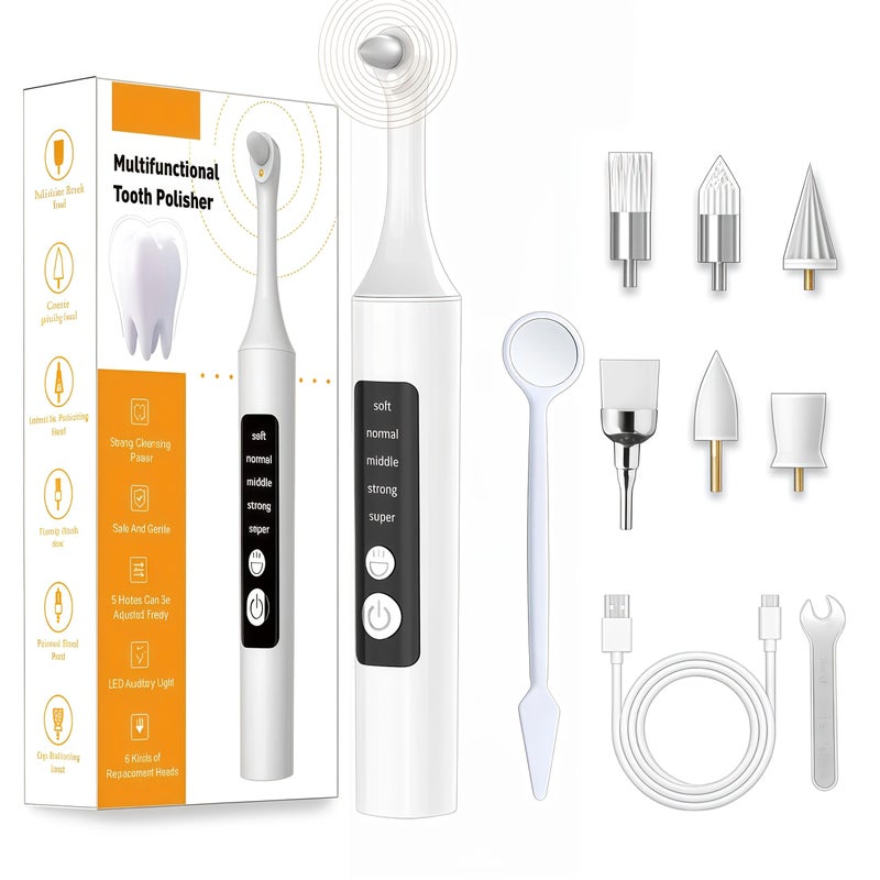 White Teeth Polisher Toothbrush Set 6 Brush Heads 5 Speed Modes USB Rechargeable Oral Cleaner With LED Light For Daily Home Use - Image 1
