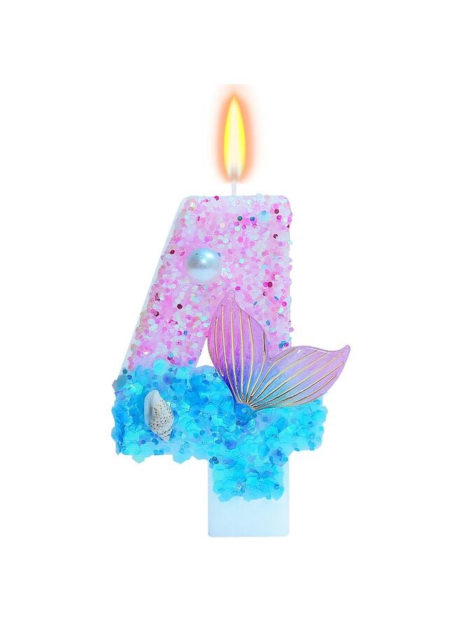 Mermaid Theme Birthday Candles, Number Girls Glitter Birthday Party Supplies, Anniversary Party Decorations (Mermaid Theme, Number 4) - Image 1