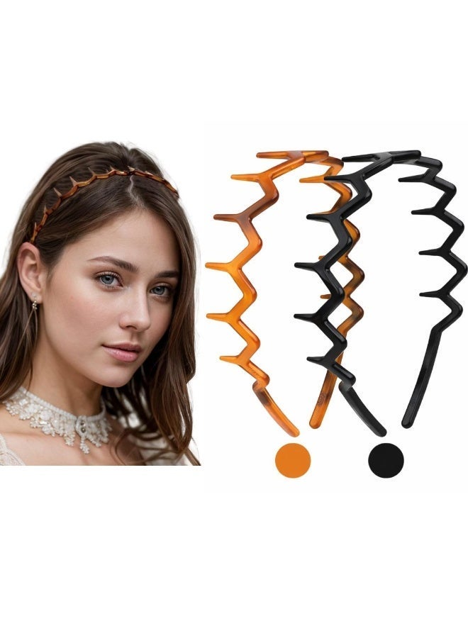 م اكس م عصابات شعر للبنات بأسنان القرش المتعرجة (عبوتان) – عصابات رأس مشطية شعر بلاستيكية متموجة غير قابلة للانزلاق مع ظهر مرن لتصفيف الشعر اليومي المريح (2، مزيج أسود) - Image 1
