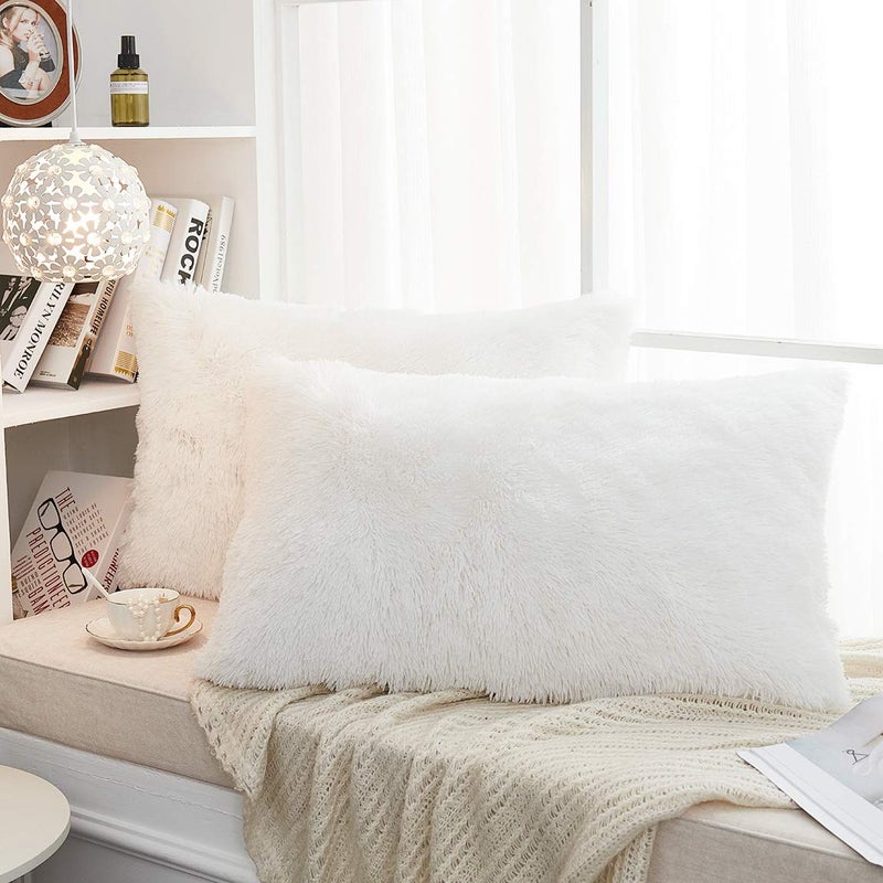 JAUXIO Long Faux Fur Soft Soild Decorative Pillowcase Oblong Fluffy Throw Pillow Cover Velvet Shaggy Plush Cushion Case Set of 2 Zipper Closure Queen Size 20X26 Inches White