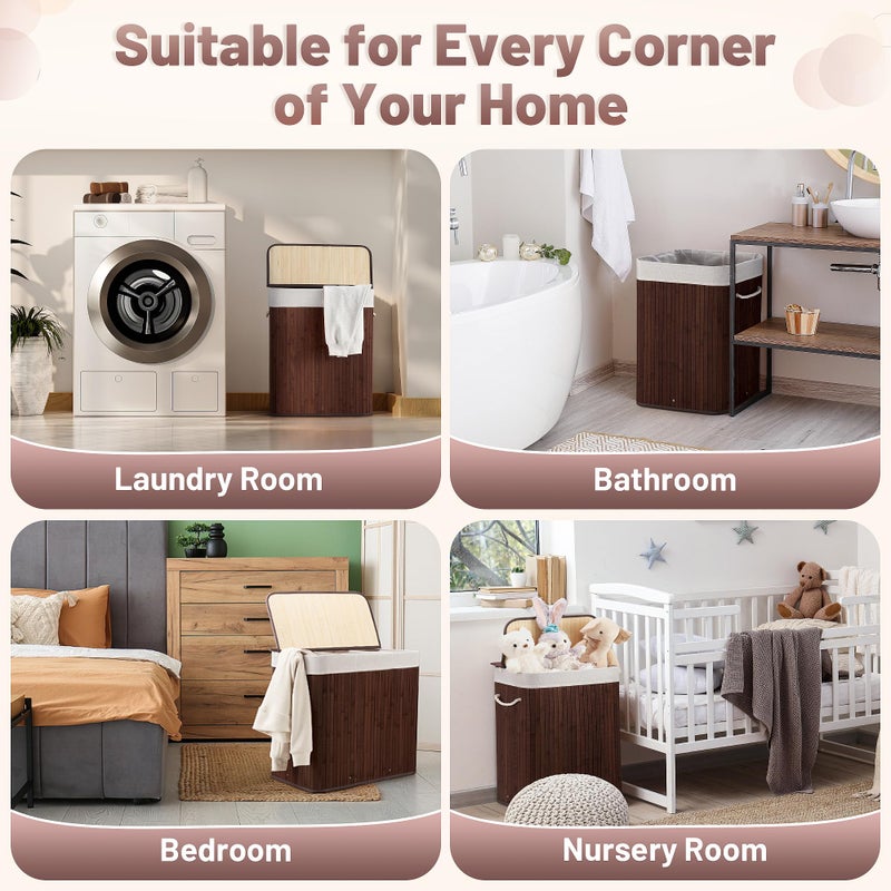 Aliphon 150L Laundry Hamper with lid, 3-Section Clothes Laundry Basket with Handles, Large Collapsible Bamboo Baskets for Bedroom, Bathroom, Dorm, Brown - Image 4