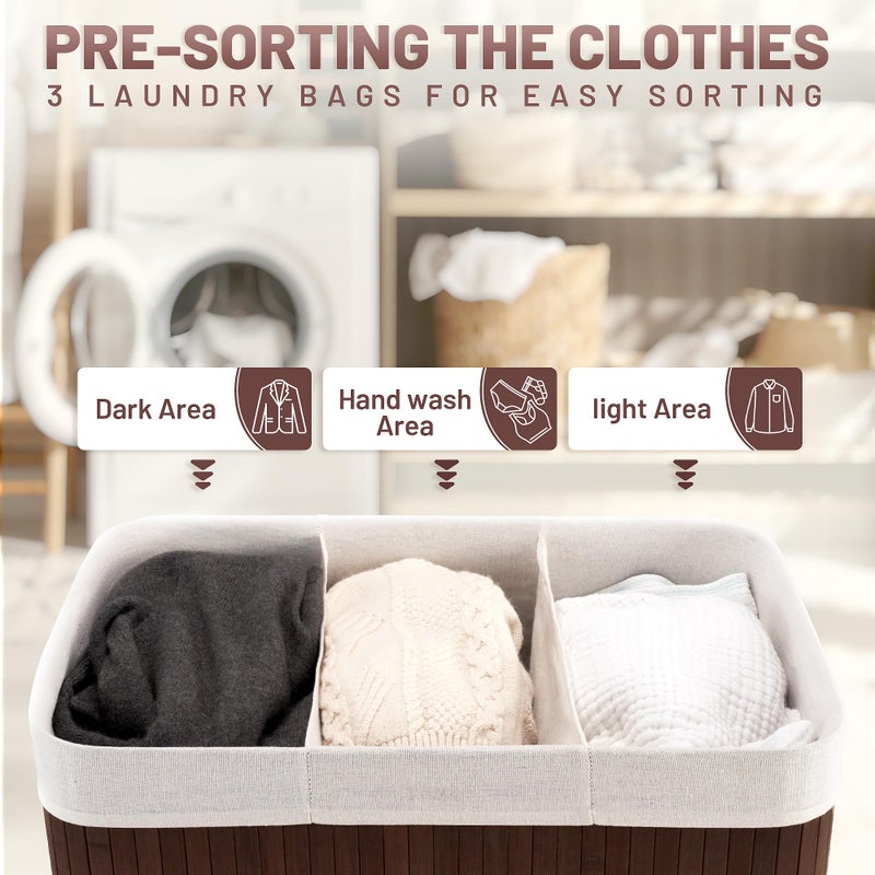 Aliphon 150L Laundry Hamper with lid, 3-Section Clothes Laundry Basket with Handles, Large Collapsible Bamboo Baskets for Bedroom, Bathroom, Dorm, Brown - Image 3