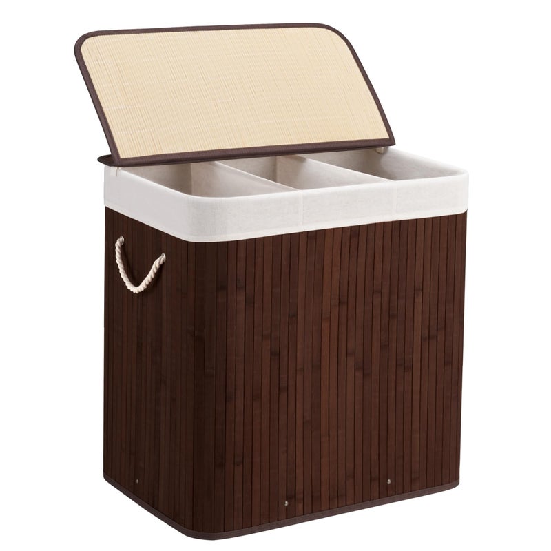 Aliphon 150L Laundry Hamper with lid, 3-Section Clothes Laundry Basket with Handles, Large Collapsible Bamboo Baskets for Bedroom, Bathroom, Dorm, Brown - Image 1