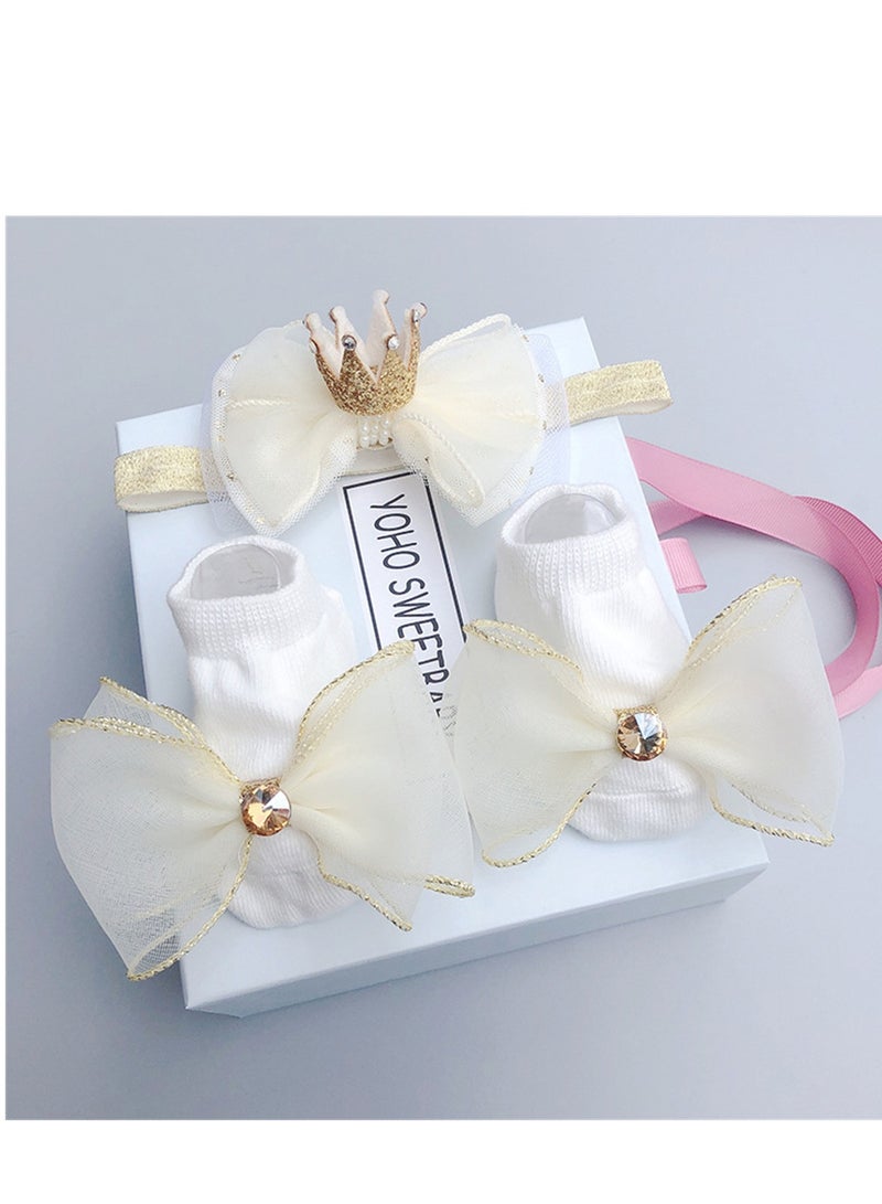 Loquat 3PCS Baby Headband Sock Gift Box Set Full Moon 100th Birthday Gift Beige 