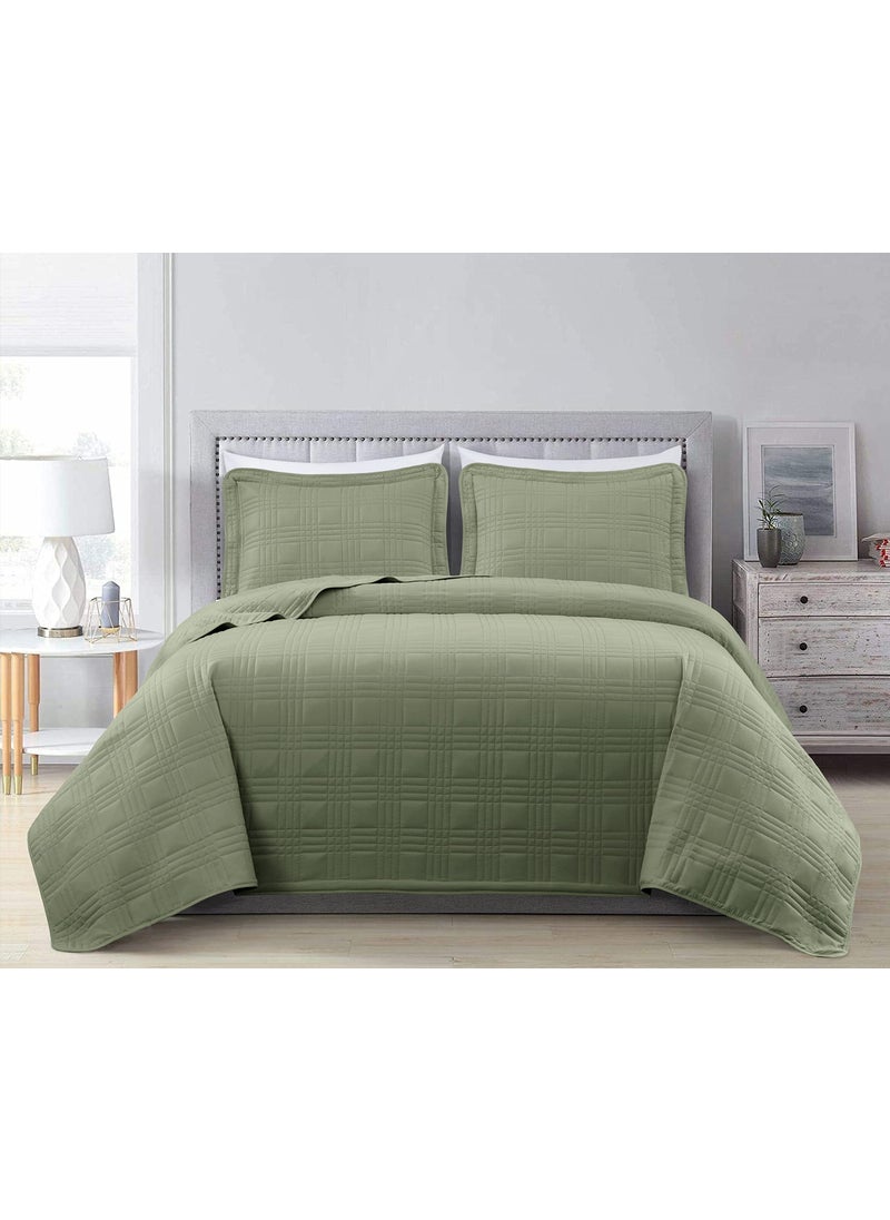 Chezmoi Collection Chezmoi Collection Kingston King Size Bedspread Set 3Piece Sage Green Oversized Quilted Microfiber Lightweight Bedspread Coverlet 118x106 for All Seasons 