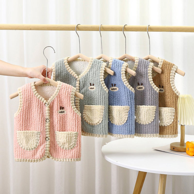 Spring and Autumn Children's vest baby Korean style waistcoat medium and small children's men's and women's puff velvet vest thick pocket baby cardigan children's clothing - Image 2