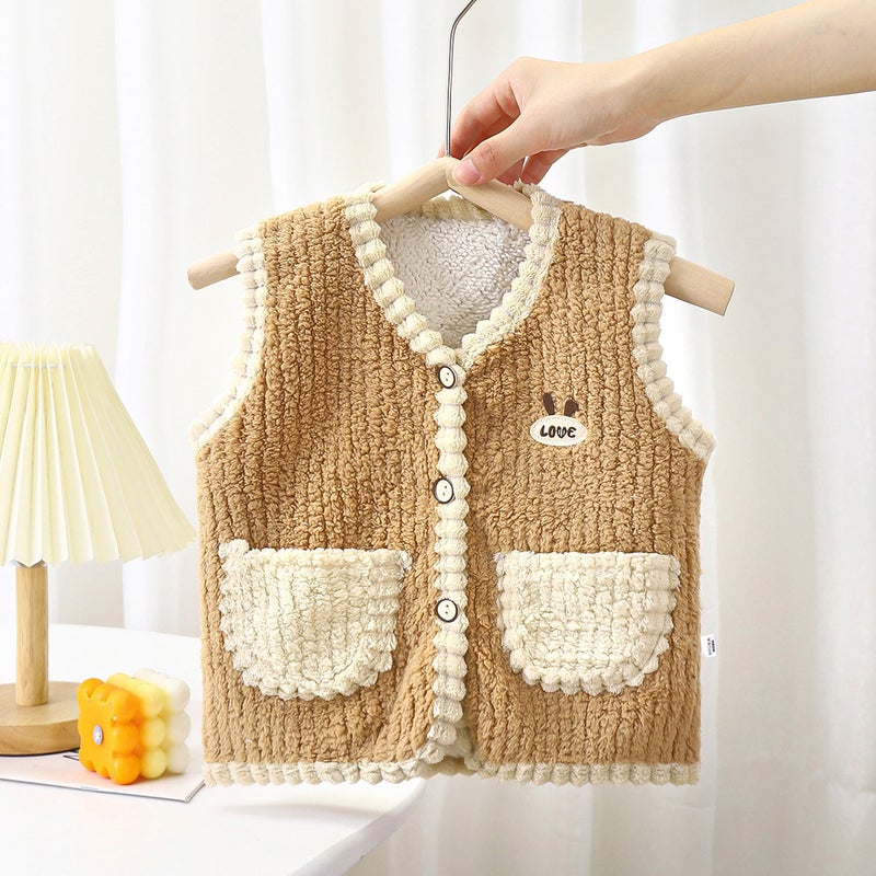 Spring and Autumn Children's vest baby Korean style waistcoat medium and small children's men's and women's puff velvet vest thick pocket baby cardigan children's clothing - Image 1