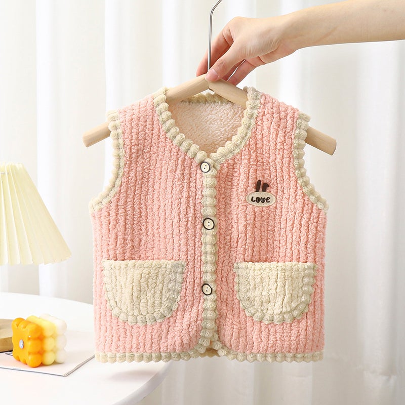 Spring and Autumn Children's vest baby Korean style waistcoat medium and small children's men's and women's puff velvet vest thick pocket baby cardigan children's clothing - Image 4