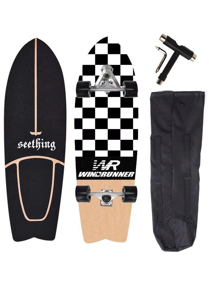 Seething 32 Inch CX7 Swallow Surf Skateboard With Backpack & Tool, Black&White Block 