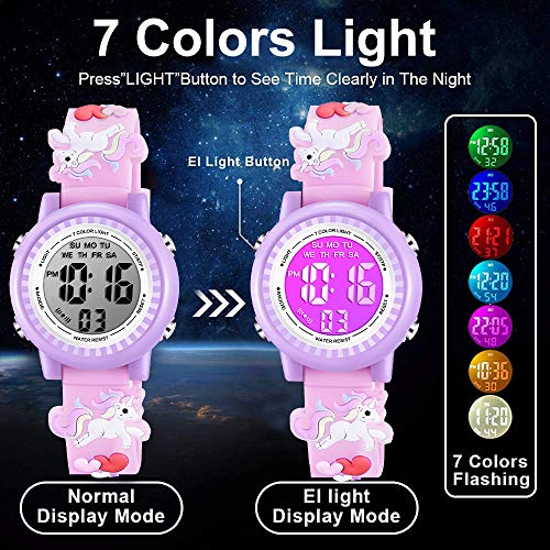 Venhoo Kids Watches 3D Cartoon Waterproof 7 Color Lights Toddler Wrist Digital Watch with Alarm Stopwatch for 3-10 Year Girls Little Child-Pink Unicorn - Image 3