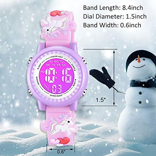 Venhoo Kids Watches 3D Cartoon Waterproof 7 Color Lights Toddler Wrist Digital Watch with Alarm Stopwatch for 3-10 Year Girls Little Child-Pink Unicorn - Image 5