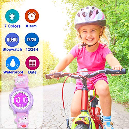 Venhoo Kids Watches 3D Cartoon Waterproof 7 Color Lights Toddler Wrist Digital Watch with Alarm Stopwatch for 3-10 Year Girls Little Child-Pink Unicorn - Image 2
