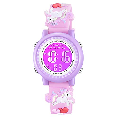 Venhoo Kids Watches 3D Cartoon Waterproof 7 Color Lights Toddler Wrist Digital Watch with Alarm Stopwatch for 3-10 Year Girls Little Child-Pink Unicorn - Image 1