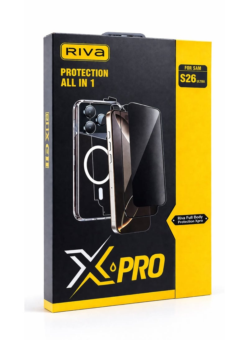 ريفا مجموعة حماية كاملة 8 في 1 من RIVA X-PRO لهاتف سامسونج S26 ألترا – واقي شاشة خصوصية + زجاج مقوى HD + كفر شفاف متوافق مع MagSafe + حماية عدسة الكاميرا + شبكة مضادة للغبار - Image 1