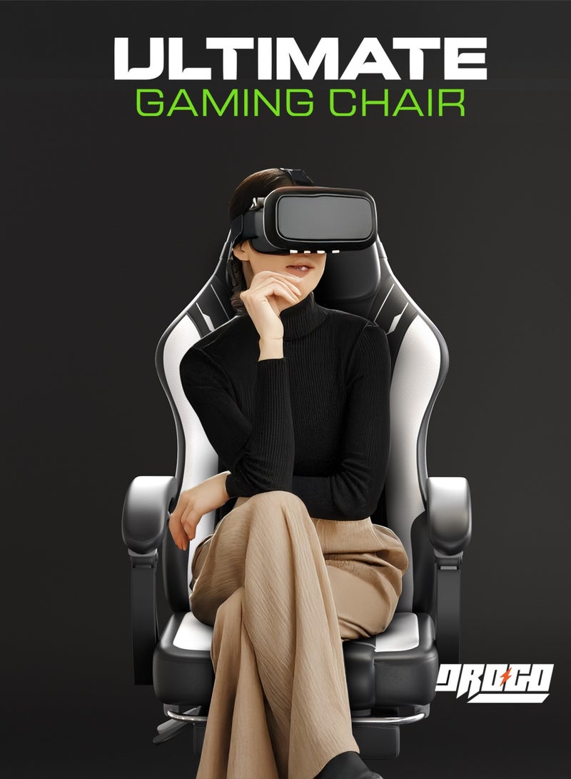 دراجو كرسي ألعاب مريح فاخر، كرسي ألعاب فيديو مع مسند ذراع ومسند للقدمين ومقعد قابل للتعديل، كرسي كمبيوتر من جلد البولي يوريثان، وسادة أسفل الظهر للرأس والتدليك، كرسي منزلي ومكتبي مع إمكانية الاستلقاء، أبيض وأسود - Image 2