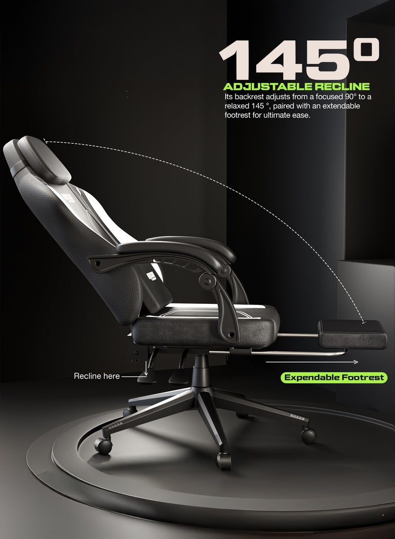 دراجو كرسي ألعاب مريح فاخر، كرسي ألعاب فيديو مع مسند ذراع ومسند للقدمين ومقعد قابل للتعديل، كرسي كمبيوتر من جلد البولي يوريثان، وسادة أسفل الظهر للرأس والتدليك، كرسي منزلي ومكتبي مع إمكانية الاستلقاء، أبيض وأسود - Image 4