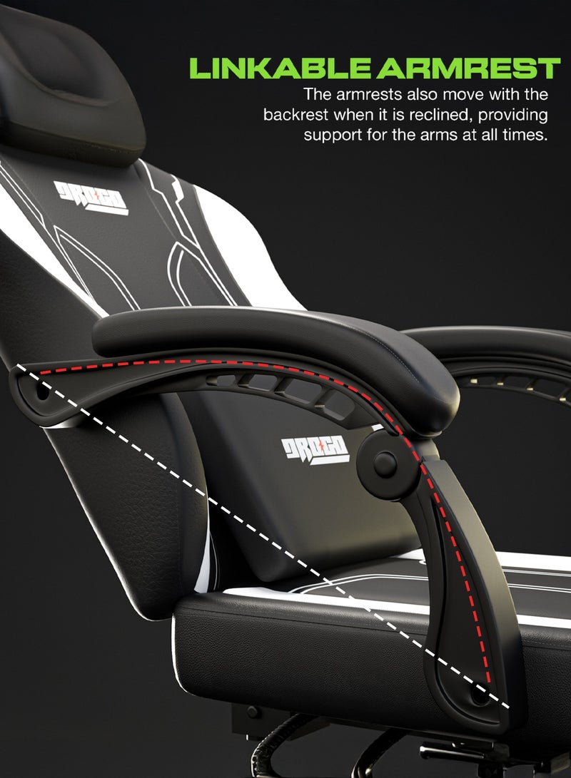 دراجو كرسي ألعاب مريح فاخر، كرسي ألعاب فيديو مع مسند ذراع ومسند للقدمين ومقعد قابل للتعديل، كرسي كمبيوتر من جلد البولي يوريثان، وسادة أسفل الظهر للرأس والتدليك، كرسي منزلي ومكتبي مع إمكانية الاستلقاء، أبيض وأسود - Image 5
