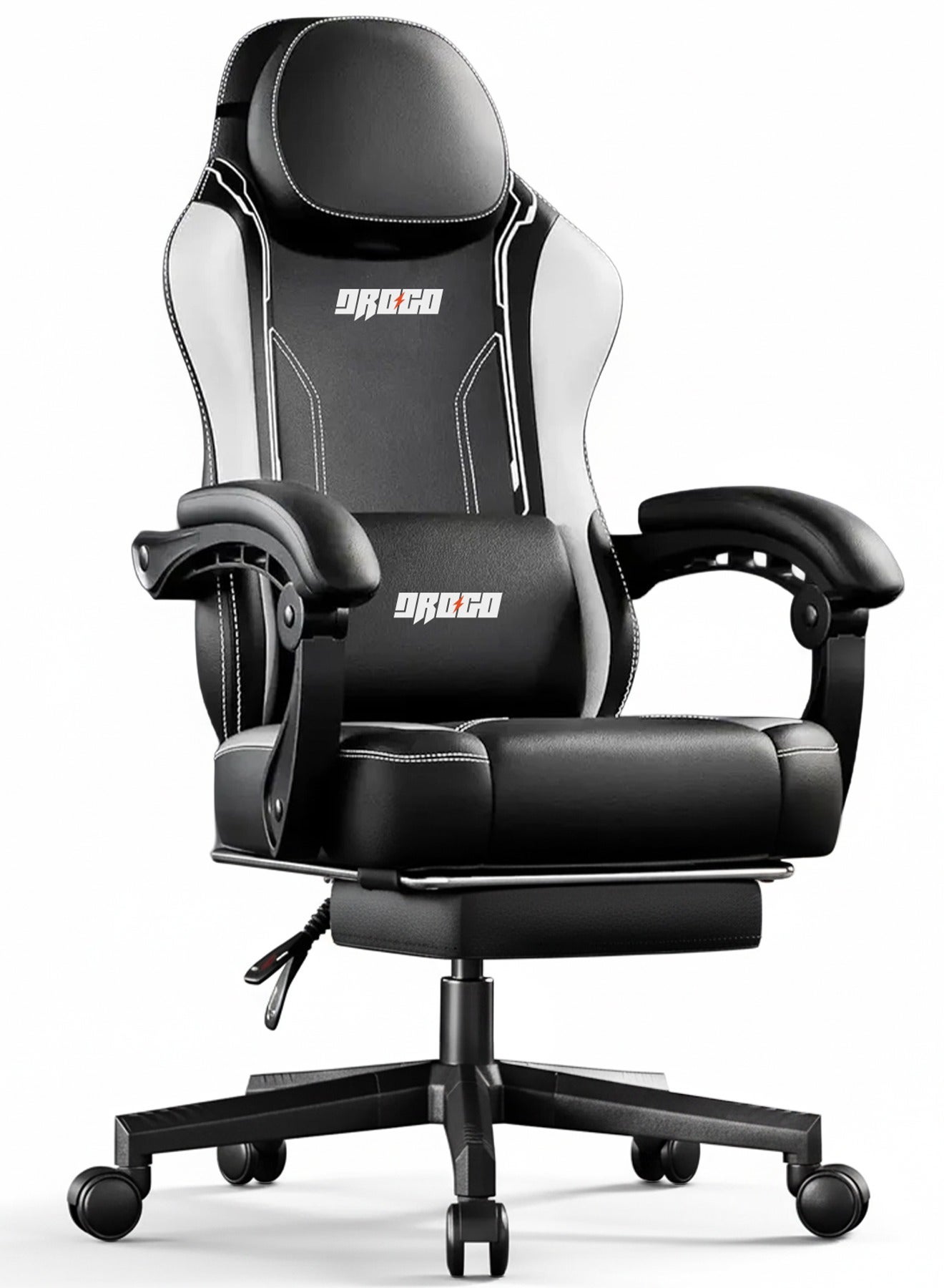 Premium Ergonomic Gaming Chair, Video Game Chair with Linkage Armrest, Footrest & Adjustable Seat, Computer Chair with PU Leather, Head & Massager Lumbar Pillow Home & Office Chair with Recline White Black