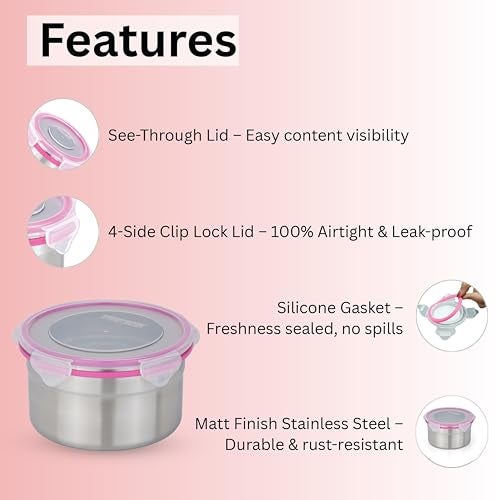 STEELLOCK Stainless Steel Airtight Container with Lid | Leakproof, BPA-Free, Durable Kitchen Storage | Multipurpose Food Storage Containers for Kitchen | SL-1402-set of 1, 1150ml each, Pink - Image 5