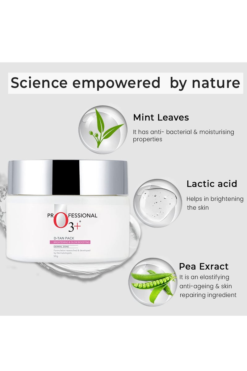 O3+ D-TAN Professional Face Pack for Instant Tan Removal & Glowing Skin with Lactic Acid, Pea Extract & Mint Extract - Ideal for All Skin Types 50g | Detan Pack for Tan Removal for Face and Body - Image 2