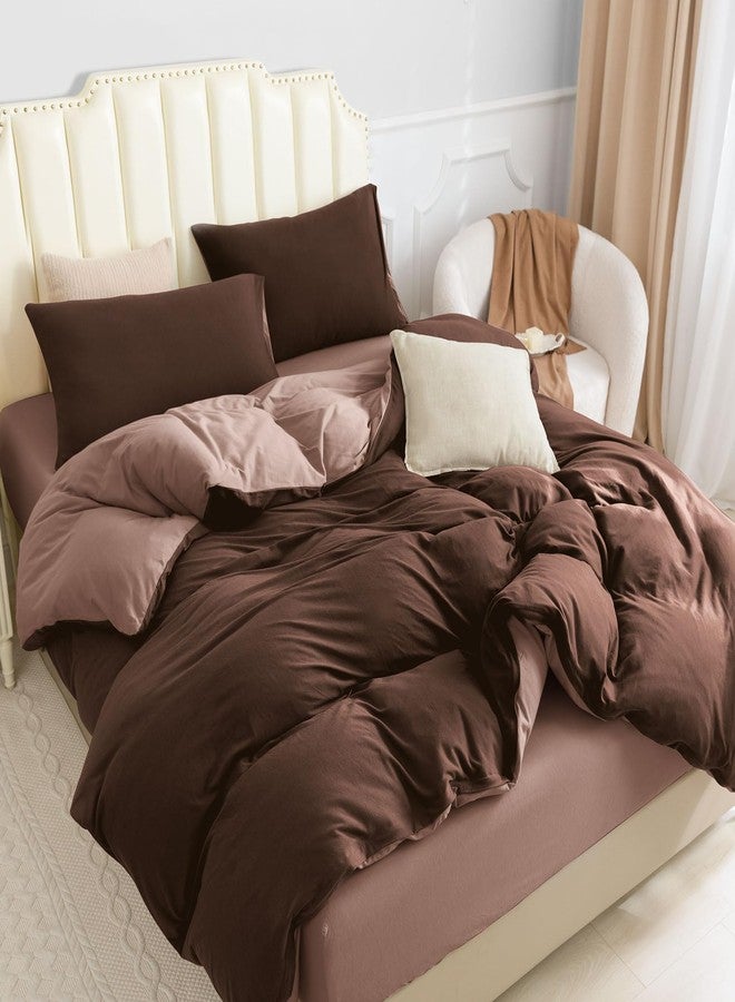 PURE ERA Jersey Knit Duvet Cover Set 100% T-Shirt Cotton Super Soft Comfy 3pc Bedding Set with Zipper Closure (Petal Pink/Dark Brown, Queen, 90"X90") - Image 2