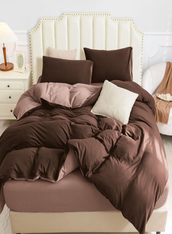 PURE ERA Jersey Knit Duvet Cover Set 100% T-Shirt Cotton Super Soft Comfy 3pc Bedding Set with Zipper Closure (Petal Pink/Dark Brown, Queen, 90"X90") - Image 4