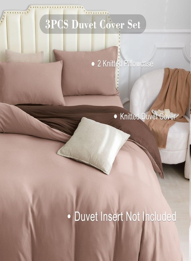 PURE ERA Jersey Knit Duvet Cover Set 100% T-Shirt Cotton Super Soft Comfy 3pc Bedding Set with Zipper Closure (Petal Pink/Dark Brown, Queen, 90"X90") - Image 3
