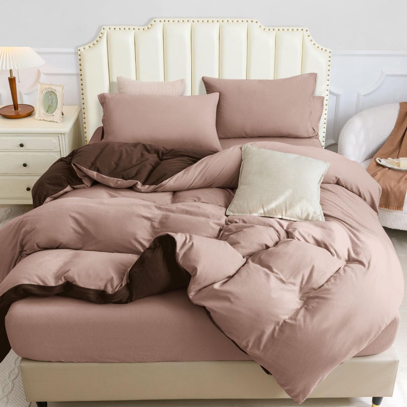 PURE ERA Jersey Knit Duvet Cover Set 100% T-Shirt Cotton Super Soft Comfy 3pc Bedding Set with Zipper Closure (Petal Pink/Dark Brown, Queen, 90"X90") - Image 1