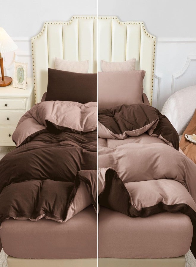 PURE ERA Jersey Knit Duvet Cover Set 100% T-Shirt Cotton Super Soft Comfy 3pc Bedding Set with Zipper Closure (Petal Pink/Dark Brown, Queen, 90"X90") - Image 5