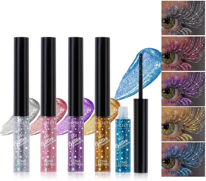 Glitter Colored Mascara 5 Colors Diamond Effect Sparkle Mascara Set Waterproof Long Lasting Smudgeproof Voluminous Curling Colorful Eyelashes Party Wedding Music Festival Eyes Makeup