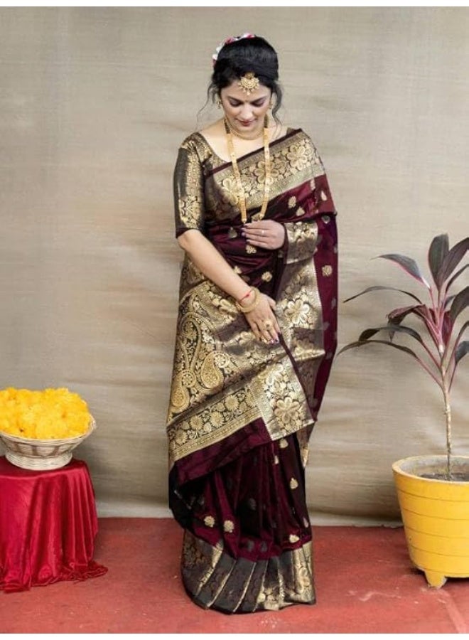 C J Enterprise Women's Pure Soft Kanjivaram Silk Saree For Wedding Banarasi Style Sari With Blouse Piece (Vruksh-50) - Image 3