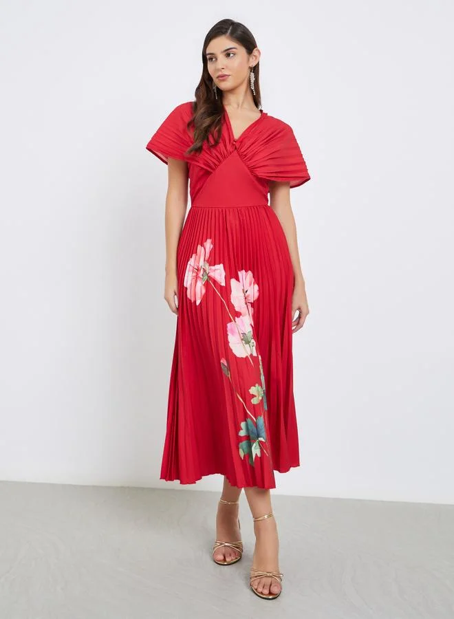 Styli Styli Red Floral Pleated Midi Dress