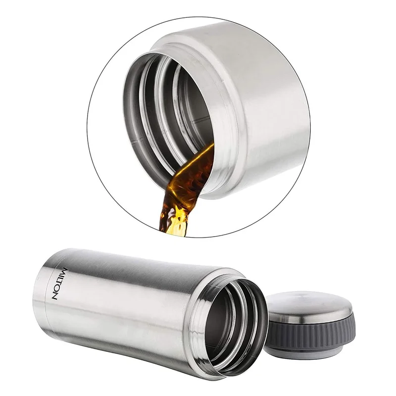 ميلتون قارورة ميلتون 340 مل - قارورة معزولة بتفريغ الهواء تحافظ على المشروبات ساخنة أو باردة لمدة 24 ساعة، مصنوعة من الفولاذ المقاوم للصدأ، مانعة للتسرب، مقاومة للصدأ، مثالية للشاي والقهوة والعصير - أوبتيما 350، فضية