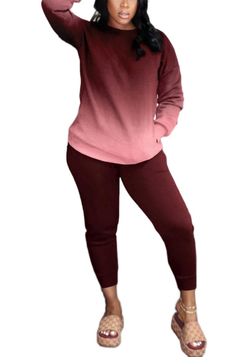 HBQ Two Piece Outfits For Women Casual Long Sleeve Sweatsuits Jogger Tracksuits Lounge Sets With Pockets-Wind Red Gradient-M - Image 3